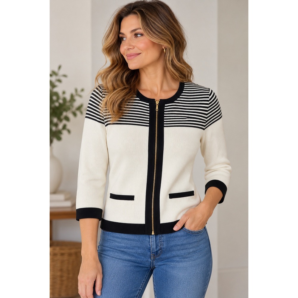 Talbots Petite Black White Striped Zip Front Cardigan Sweater SP